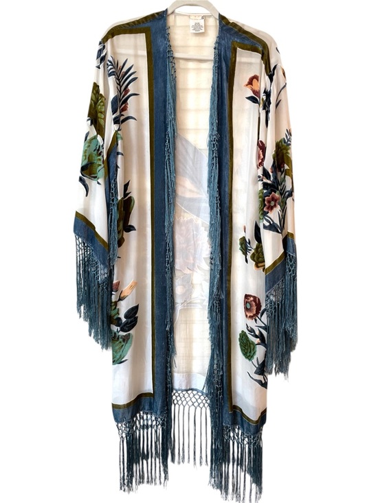 Free People Sugar Magnolia Burnout Velvet Kimono With Fringe One Size O/S - Picture 3 of 12
